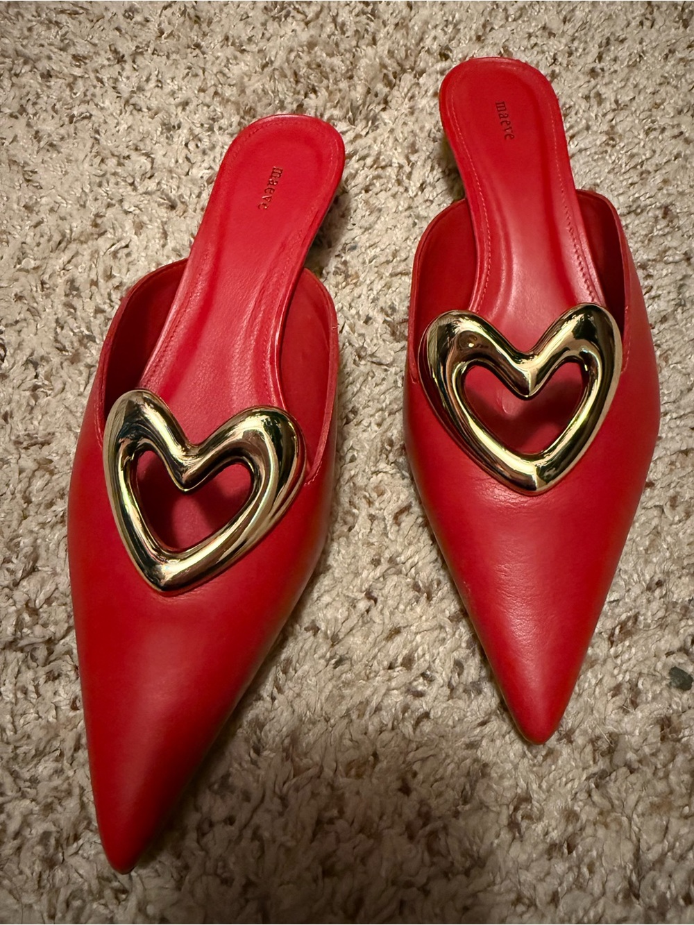 NWOT Maeve Anthropologie Gold Heart Red Leather Mule Kitten Heels Pointed Toe 38